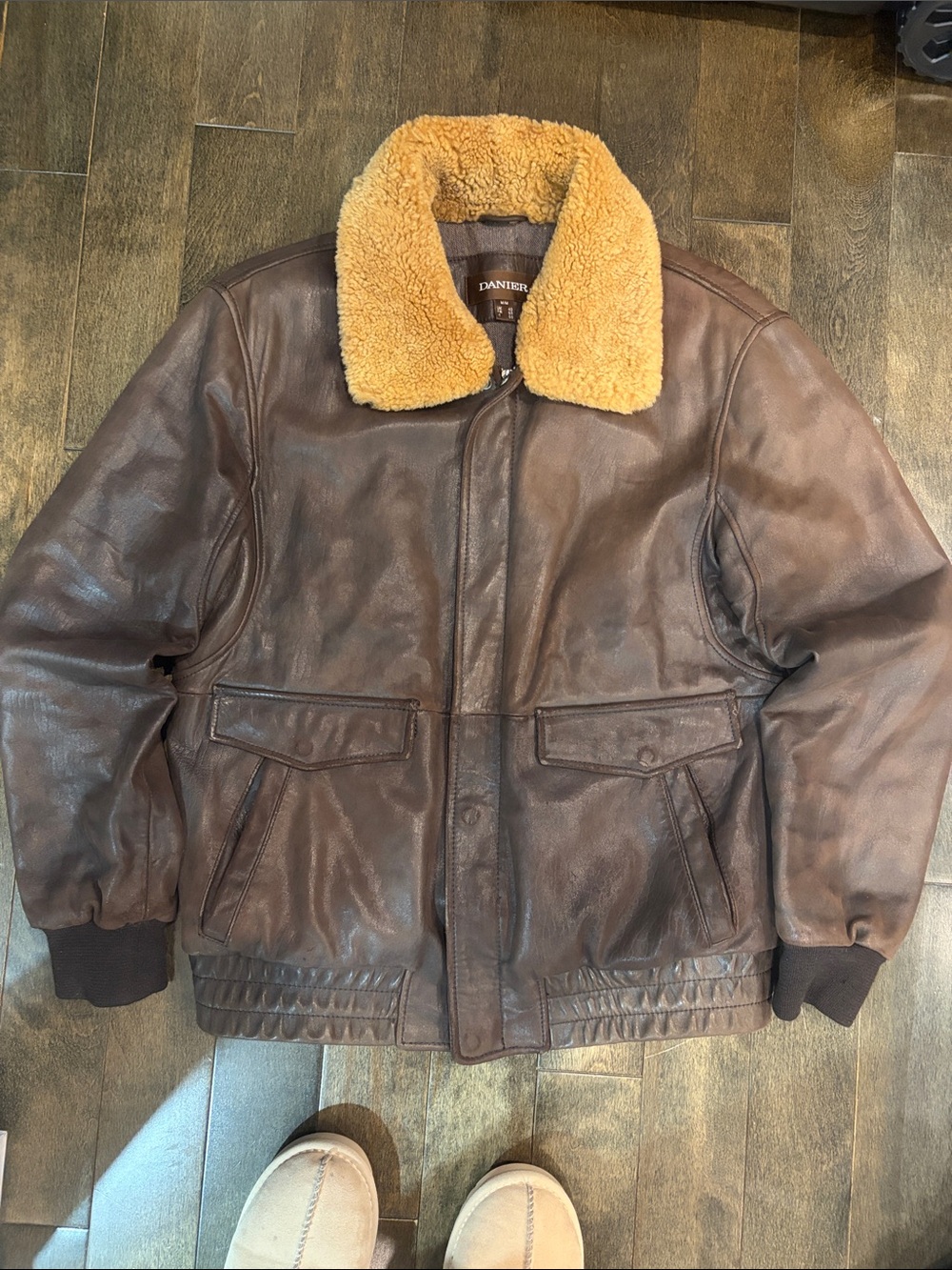 90s Danier Brown Leather Bomber Jacket with Tan Sherpa Collar